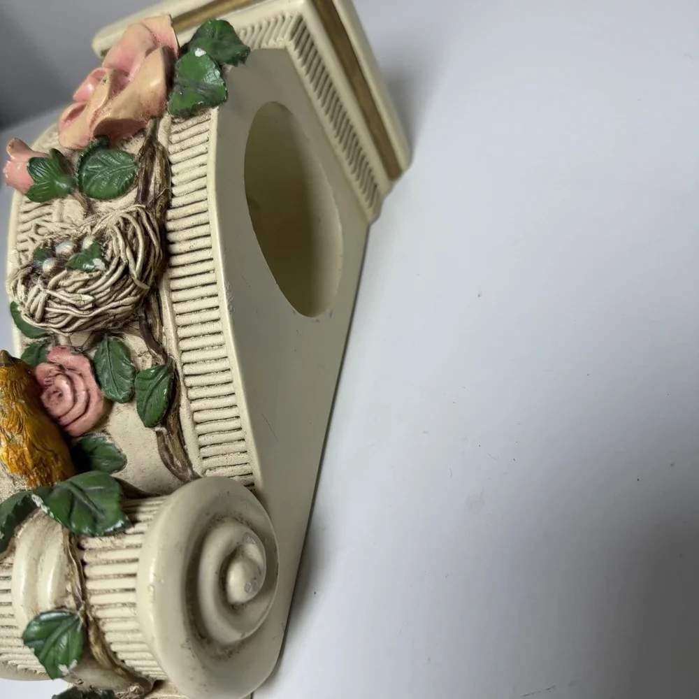 Drape Scarf Holder‎ Cream Gold Trim Rose Green Leaves Birds Nest Eggs CHIPPED
